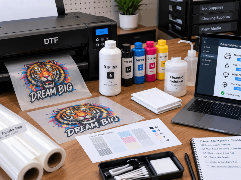 DTF white ink problems at a printer workstation with ink lines, transfer film, and maintenance supplies