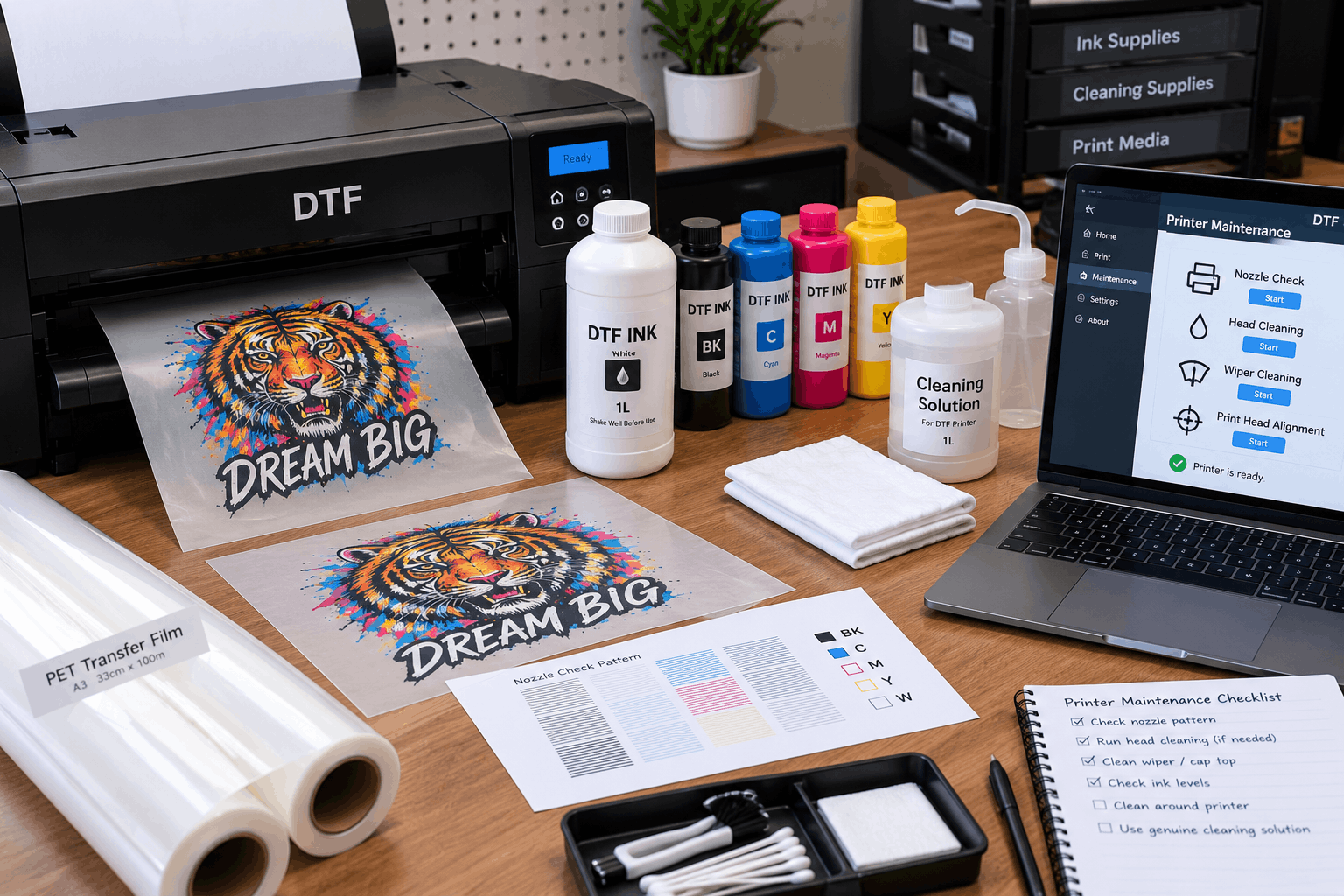 DTF white ink problems at a printer workstation with ink lines, transfer film, and maintenance supplies