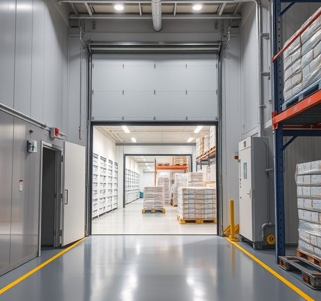 Pharmaceutical cold storage requirements at a temperature-controlled warehouse doorway