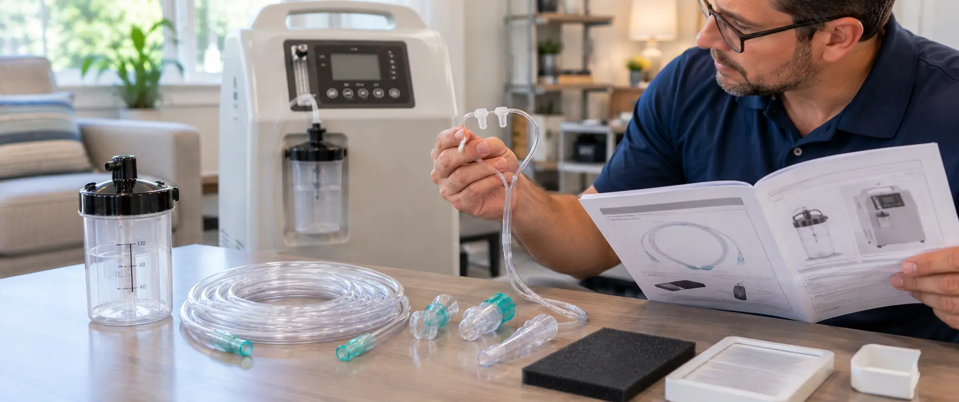 Oxygen concentrator accessories including a nasal cannula, oxygen tubing, connectors, and a humidifier bottle.