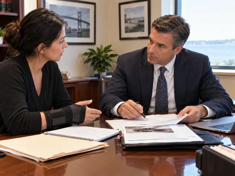 Injured client meeting an attorney to discuss when to consult a personal injury lawyer after an accident.
