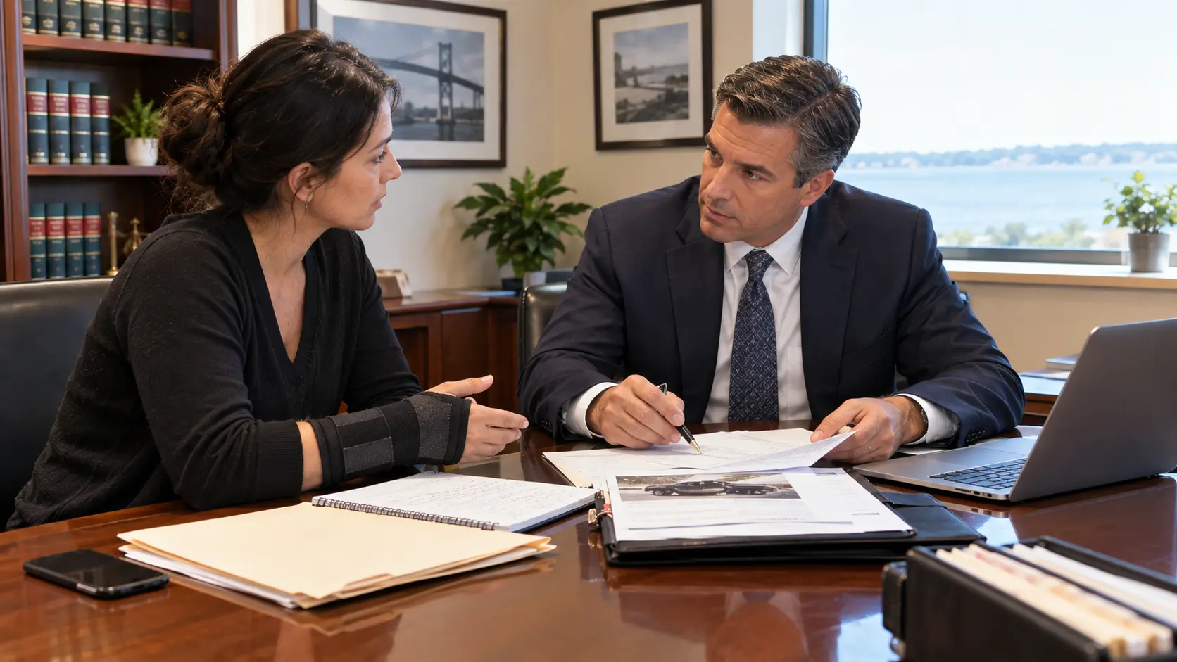 Injured client meeting an attorney to discuss when to consult a personal injury lawyer after an accident.